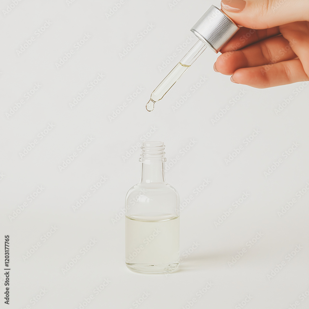 Dropper Bottle of Essential Oil: A hand delicately holds a pipette, dispensing a drop of golden essential oil into a clear glass bottle against a minimalist backdrop. Dropper Bottle of Essential Oil: A hand delicately holds a pipette, dispensing a drop of golden essential oil into a clear glass bottle against a minimalist backdrop.