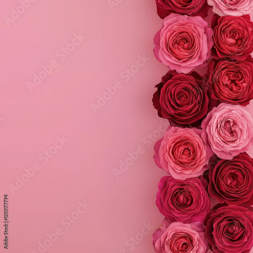 Blooming red and pink roses arranged in vertical border on soft pink background, creating romantic and elegant floral composition