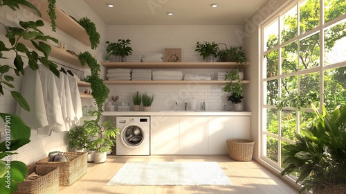 Bright and airy laundry room featuring a pristine white countertop perfect for product presentation surrounded by a washing machine shelves filled with clothes and vibrant green plants photo