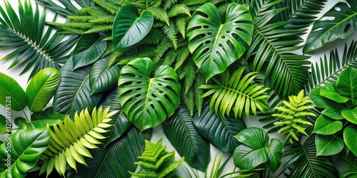 Tropical Green Leaves Poster with Aerial View of Exotic Plants, Ferns, Monstera, and Palm Trees on White Background for Jungle-Inspired Decor and Design photo