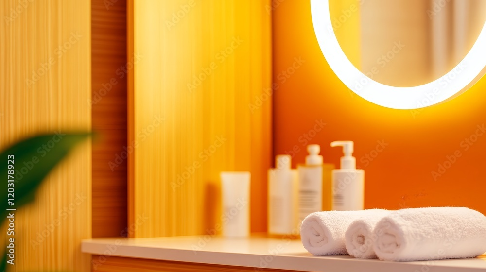 A serene bathroom setting featuring towels and skincare products against a warm backdrop.