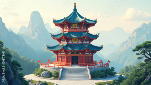 Serene Pagoda in Misty Mountains, China - Asian-inspired design