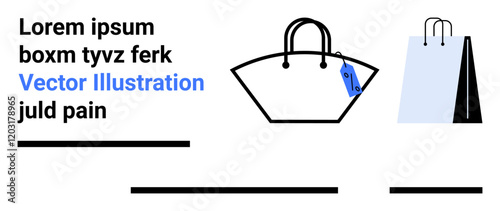 Two shopping bags featuring price tags, abstract text elements black, blue, white colors. Ideal for e-commerce, retail promotions, digital marketing, sales events, online shops, product catalogs