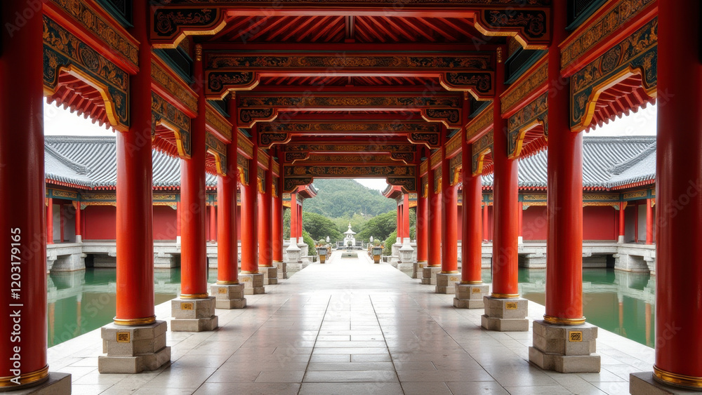 Serene Red Columns & Pagoda Reflection - Symmetry and Patterns Serene Red Columns & Pagoda Reflection - Symmetry and Patterns