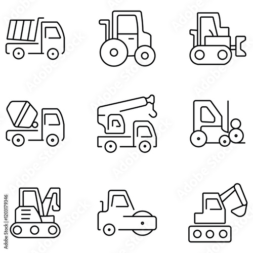 Construction car icon, vector set. Construction line car icon, vector set, outline. JCB, truck, crane, lorry, bulldozer icon. vector illustration.