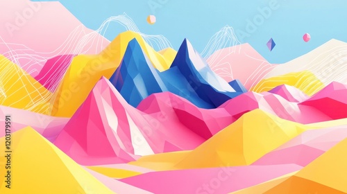 A vibrant low poly scene with geometric shapes and colorful lines in the background, featuring abstract hills in pink, yellow, and blue photo