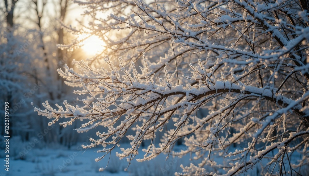 Obraz premium frost-covered tree branches glistening under soft sunlight