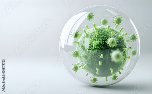 A stylized representation of a virus within a transparent sphere, emphasizing its microscopic structure and vibrant green color against a minimal background.