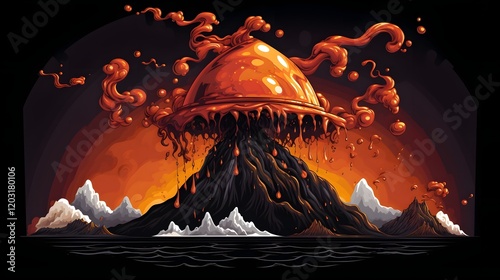 Whimsical cartoon of a volcano wearing a chef s hat and spewing out spaghetti lava in a fantastical humorous natural disaster scene photo