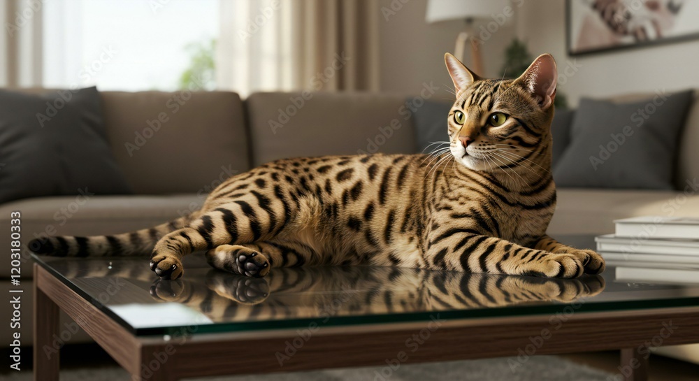 Εκτύπωση καμβά Toyger cat lounging gracefully on a modern glass coffee table