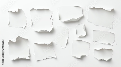 Collection of torn paper pieces on white background, ideal for creative design use in graphic or artistic projects.