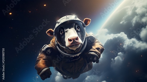 A majestic cow adorned in a sleek spacesuit gracefully drifts through the vast awe inspiring expanse of the galaxy surrounded by the mesmerizing glow of stars and nebulae  This surreal photo