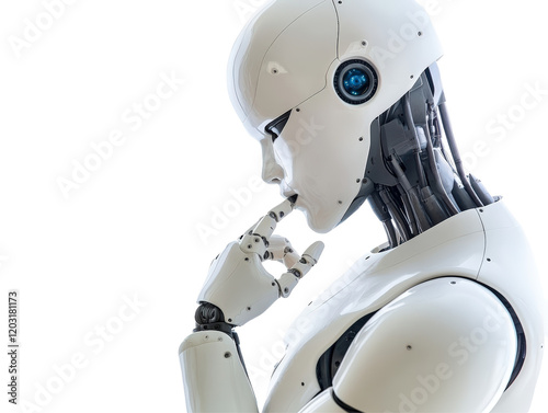 Isolated White Robot Pensive