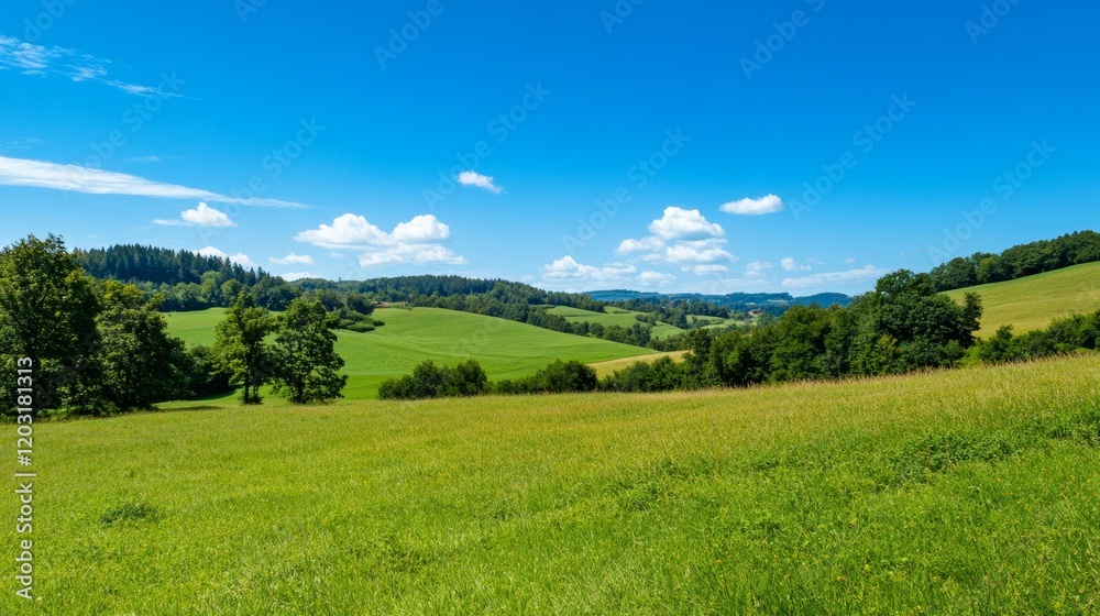 A peaceful countryside with rolling hills and a clear blue sky, Rural scene, Idyllic style A peaceful countryside with rolling hills and a clear blue sky, Rural scene, Idyllic style