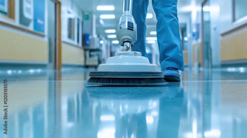 Cleaning staff operating a floor polisher in a hospital corridor, creating a shiny reflective surface under bright lights Cleaning staff operating a floor polisher in a hospital corridor, creating a shiny reflective surface under bright lights