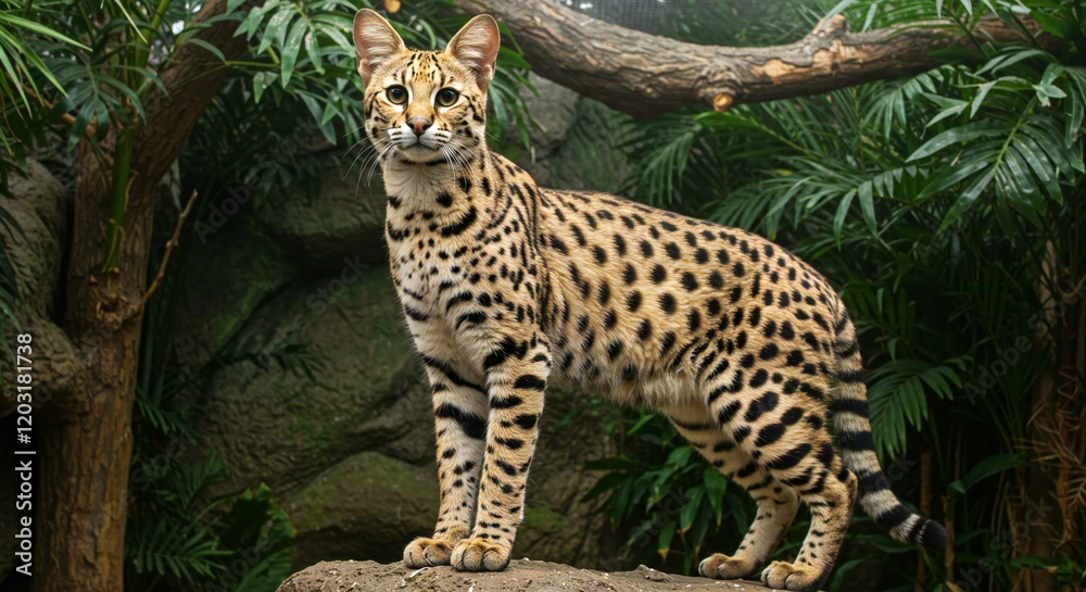 Obraz premium Serengeti cat standing proudly on a rock in an indoor jungle-themed room. 