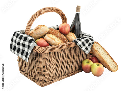 Isolated Picnic Basket with Bread, Apples and Wine