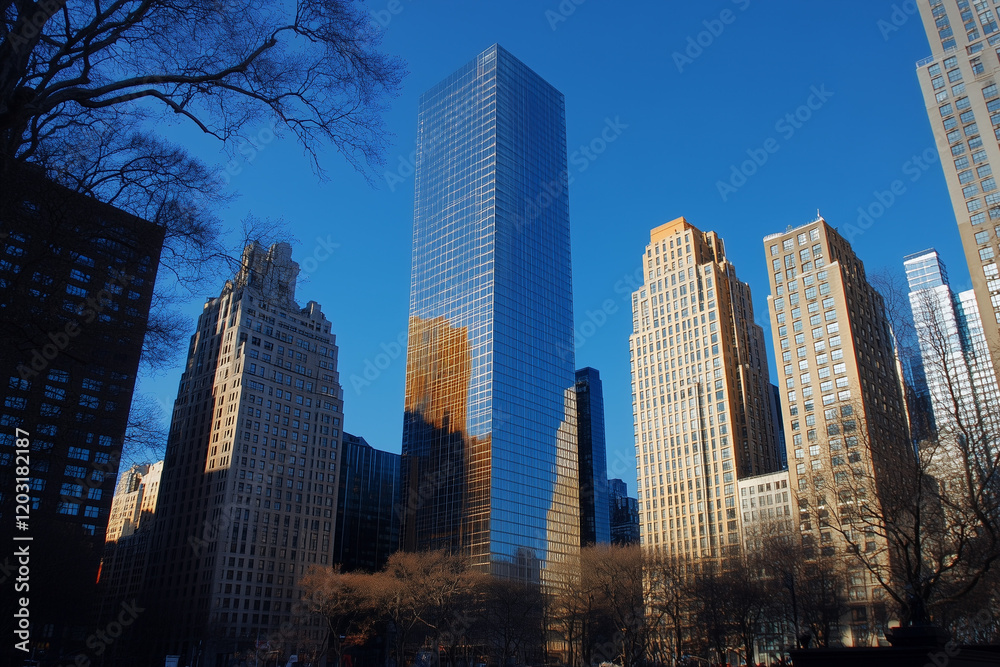 Obraz premium Modern Skyscrapers Against a Blue Sky