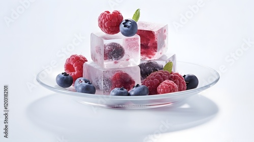 Frozen berries suspended in clear ice cubes artfully arranged on a simple white ceramic plate  The icy encasement creates a minimalist natural and textured still life composition