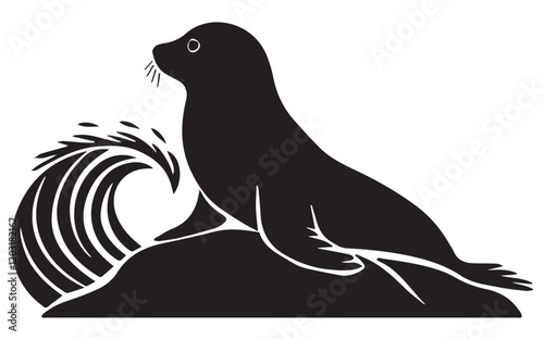 Vector illustration of a seal silhouette, The sea lion sitting on rock, There is a wave behind the rock