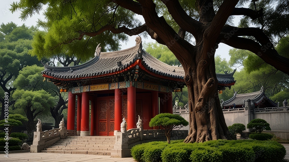 Traditional temple of Chinese peoples with trees