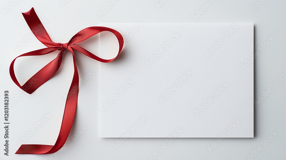 Elegant white card with a vibrant red ribbon bow, perfect for celebratory occasions or personalized messages on a minimalist background. Elegant white card with a vibrant red ribbon bow, perfect for celebratory occasions or personalized messages on a minimalist background.