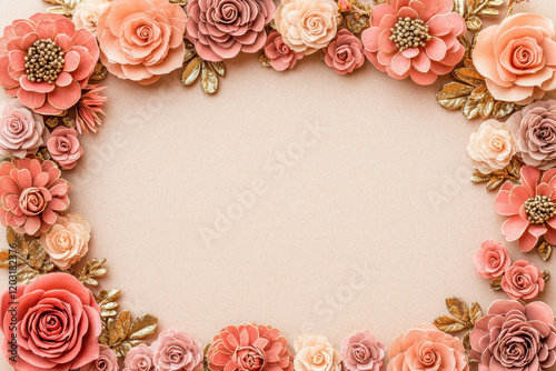 Elegant floral frame with pink, peach, and gold toned roses and leaves on beige background, perfect for invitations or decorative designs photo