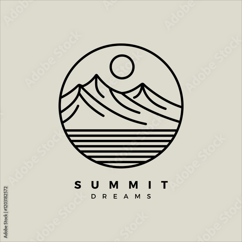 Minimalist logo featuring mountains, a sun, and horizontal lines symbolizing nature and serenity. Perfect for outdoor brands, travel companies, or eco-friendly businesses.