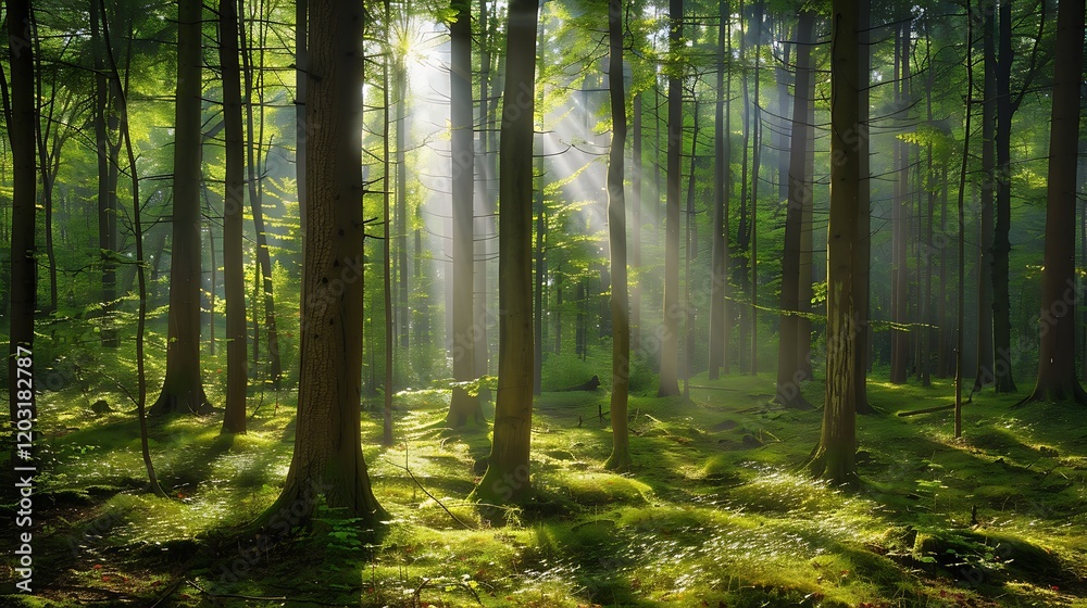 Obraz premium A serene forest with sunlight filtering through the trees, symbolizing peace and tranquility in life.
