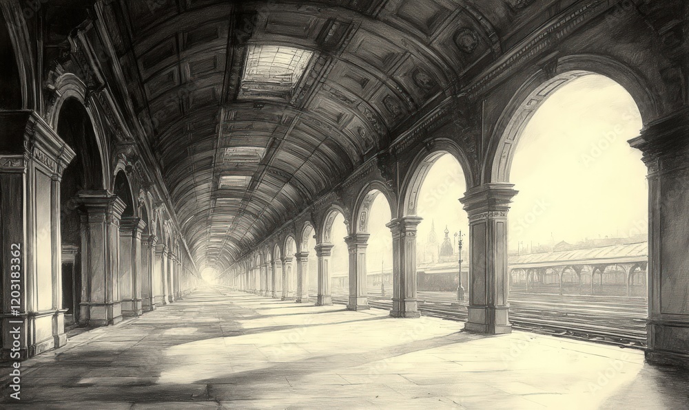Long, arched hallway; train tracks visible at end. Long, arched hallway; train tracks visible at end.