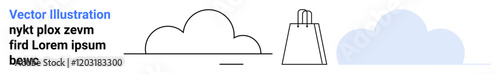 Black outline of a cloud and shopping bag, adjacent to a blue cloud shape. Ideal for e-commerce, weather apps, online shopping, minimalism, tech designs, cloud services, landing page