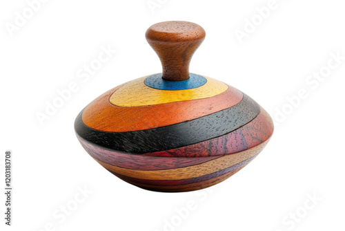 Colorful wooden spinning top crafted from various types of hardwood showcasing intricate patterns