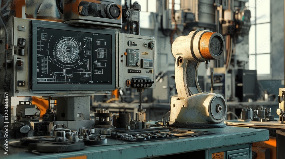 Industrial X-ray inspection setup displaying precision tools examining machine parts in a factory. Industrial X-ray inspection setup displaying precision tools examining machine parts in a factory.