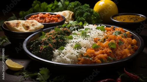 Delicious chicken and rice with vegetables and a side of fresh salad photo