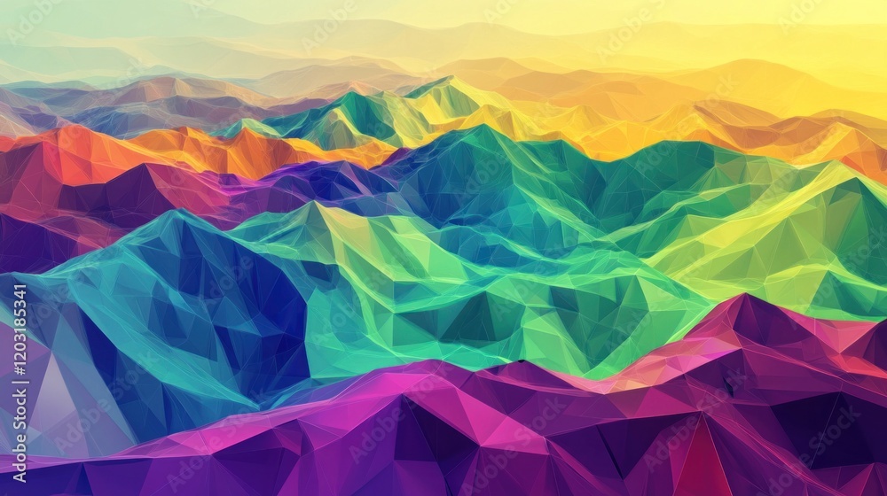 Low poly abstract landscape with bright sloping mountains in green, purple, and yellow, set against colorful geometric lines Low poly abstract landscape with bright sloping mountains in green, purple, and yellow, set against colorful geometric lines