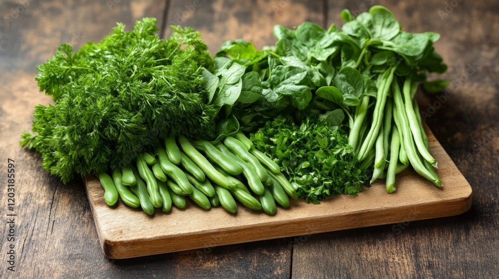 Blank wooden chopping board surrounded by fresh vegetables like green beans, spinach, and parsley, clean and vibrant Blank wooden chopping board surrounded by fresh vegetables like green beans, spinach, and parsley, clean and vibrant