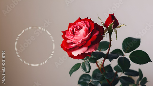 Elegant Red Rose with Petals on Textured Red and Background, Romantic Red Roses with Heart-Shaped Card, antasy on the theme Valentine's Day Background. Gift, coffee, roses, hearts arranged 