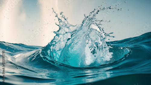 Ocean blue wave isolated on white background ,a colorful water splash on a gradient background, Water splashes in the blue water, A wave breaking on the ocean surface 