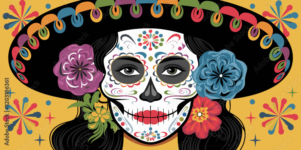 Obraz premium Mexican Sugar Skull Woman with Sombrero