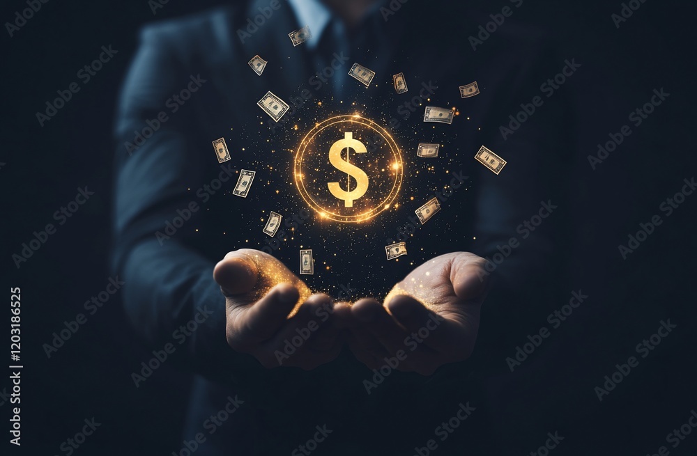 Businessman holding glowing dollar sign. (1) Businessman holding glowing dollar sign. (1)