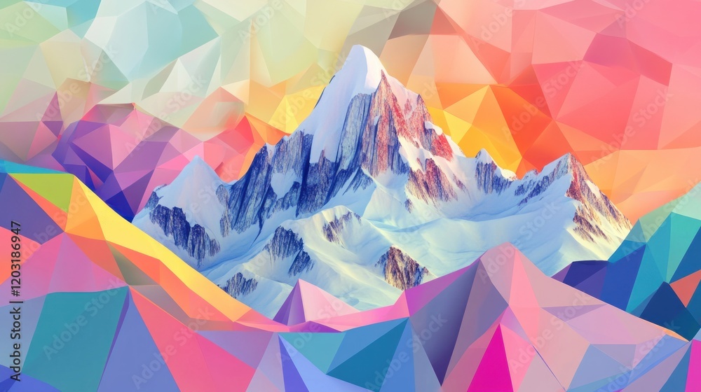 Modern low poly design with bright sloping mountains and colorful geometric patterns in the background for a trendy digital look Modern low poly design with bright sloping mountains and colorful geometric patterns in the background for a trendy digital look