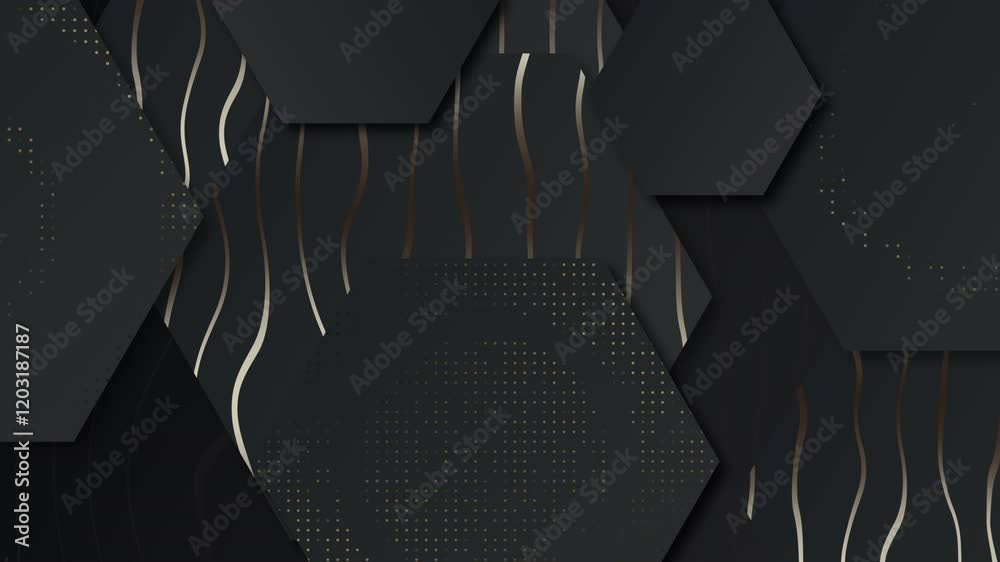 Elegant dark hexagonal background with golden lines and dots