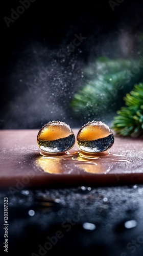 Two glistening orbs reflect warm light subtly diffused a moody dark background. AI Generated