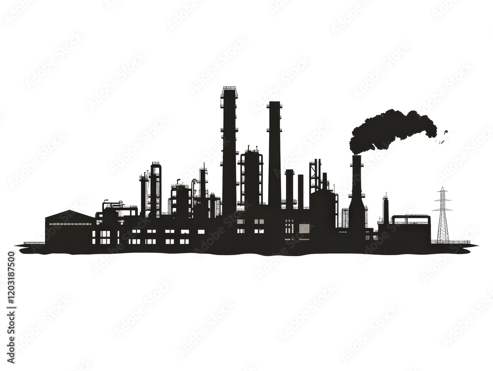 Isolated Black Factory Silhouette with Multiple Chimneys and Smoke Isolated Black Factory Silhouette with Multiple Chimneys and Smoke
