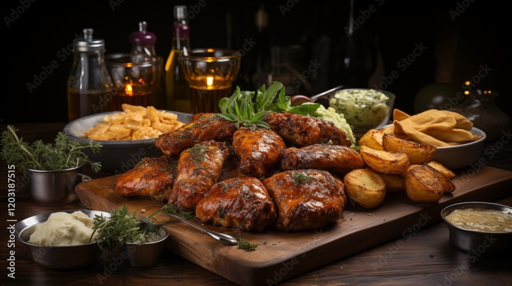 Grilled and roasted chicken wings with vegetables on a plate Grilled and roasted chicken wings with vegetables on a plate