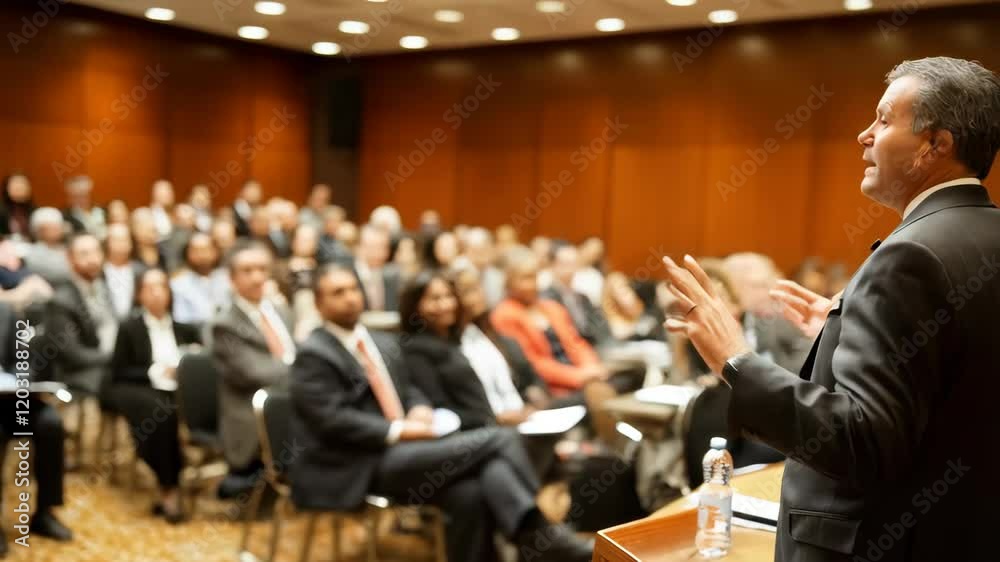 A professional conference setting, with a speaker and audience, composed of diverse individuals