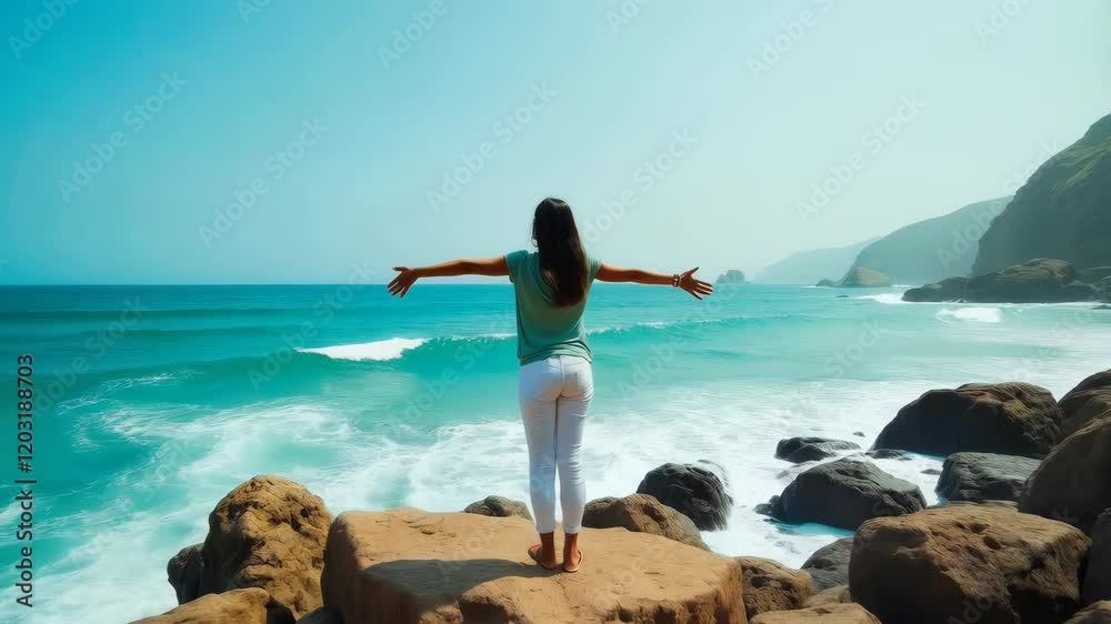 A young woman standing on a rock on the sea or ocean shore, facing the ocean with arms outstretched A young woman standing on a rock on the sea or ocean shore, facing the ocean with arms outstretched
