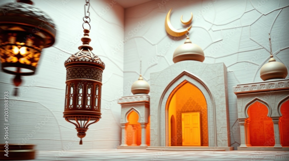 Obraz premium 3D rendering of a modern Islamic holiday background. materials create texture and motion. The scene includes an ornate Arabic lantern