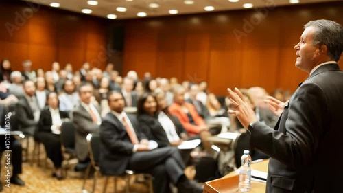 A professional conference setting, with a speaker and audience, composed of diverse individuals