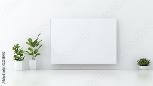 Minimalistic interior with white blank canvas and green potted plants on a white wall, creating a serene and elegant atmosphere.